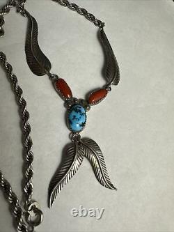 Vintage Navajo Silver Feather Coral Turquoise 20 Inch Necklace