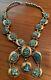Vintage Navajo Silver Metal Leaves Turquoise Squash Blossom Necklace Handmade