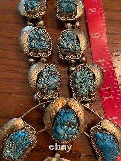 Vintage Navajo Silver Metal Leaves Turquoise Squash Blossom Necklace Handmade