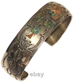 Vintage Navajo Silver Turquoise Coral Chip Inlay Figure Artisan Cuff Bracelet
