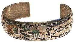 Vintage Navajo Silver Turquoise Coral Chip Inlay Figure Artisan Cuff Bracelet