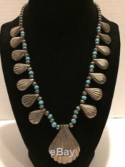 Vintage Navajo Silver Turquoise Reversible Shadowbox Squash Blossom New Mexico