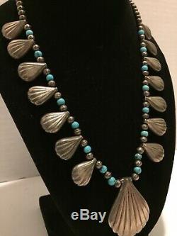 Vintage Navajo Silver Turquoise Reversible Shadowbox Squash Blossom New Mexico