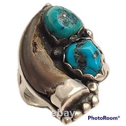 Vintage Navajo Silver campitos Turquoise Ring with Handcrafted BadgerClaw sz7.5