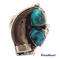 Vintage Navajo Silver campitos Turquoise Ring with Handcrafted BadgerClaw sz7.5