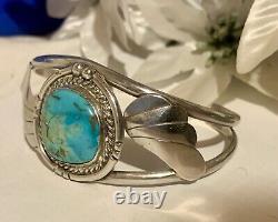 Vintage Navajo Solid Sterling Silver Candelaria Turquoise Cuff Bracelet Rare