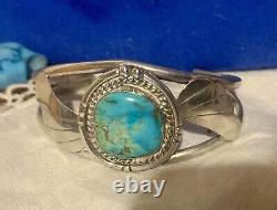 Vintage Navajo Solid Sterling Silver Candelaria Turquoise Cuff Bracelet Rare