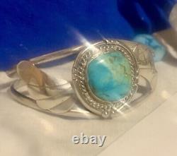 Vintage Navajo Solid Sterling Silver Candelaria Turquoise Cuff Bracelet Rare