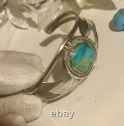 Vintage Navajo Solid Sterling Silver Candelaria Turquoise Cuff Bracelet Rare