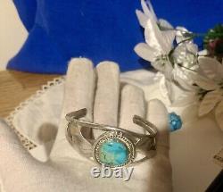 Vintage Navajo Solid Sterling Silver Candelaria Turquoise Cuff Bracelet Rare