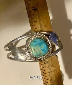 Vintage Navajo Solid Sterling Silver Candelaria Turquoise Cuff Bracelet Rare