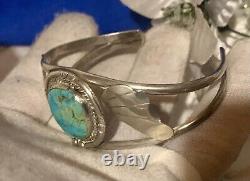 Vintage Navajo Solid Sterling Silver Candelaria Turquoise Cuff Bracelet Rare