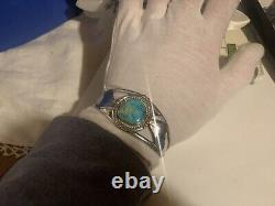 Vintage Navajo Solid Sterling Silver Candelaria Turquoise Cuff Bracelet Rare