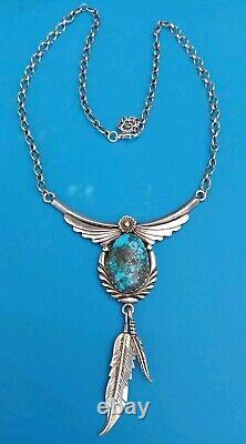 Vintage Navajo Spiderweb Turquoise Sterling Silver Cast Feather Necklace Sign Kb