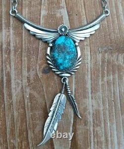 Vintage Navajo Spiderweb Turquoise Sterling Silver Cast Feather Necklace Sign Kb