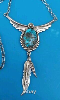 Vintage Navajo Spiderweb Turquoise Sterling Silver Cast Feather Necklace Sign Kb