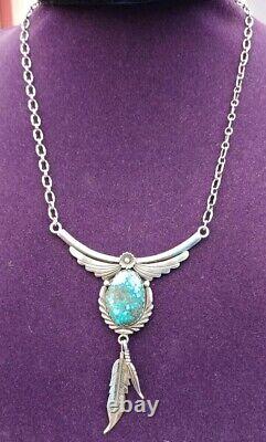 Vintage Navajo Spiderweb Turquoise Sterling Silver Cast Feather Necklace Sign Kb