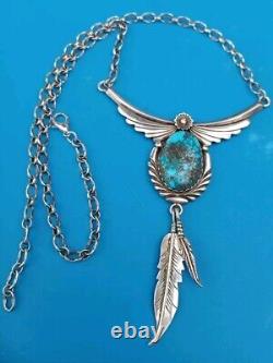 Vintage Navajo Spiderweb Turquoise Sterling Silver Cast Feather Necklace Sign Kb