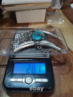 Vintage Navajo Spiderweb Turquoise Sterling Silver Cast Feather Necklace Sign Kb