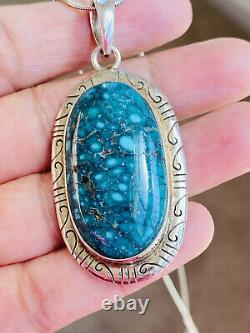 Vintage Navajo Spiderweb Turquoise Sterling Silver Pendant Chain Necklace