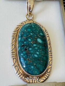 Vintage Navajo Spiderweb Turquoise Sterling Silver Pendant Chain Necklace