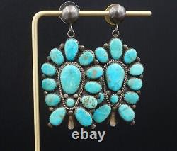 Vintage Navajo Squash Blossom Earrings Turquoise Sterling Silver 2.5 ES2528