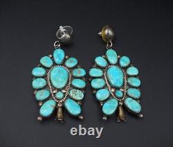 Vintage Navajo Squash Blossom Earrings Turquoise Sterling Silver 2.5 ES2528