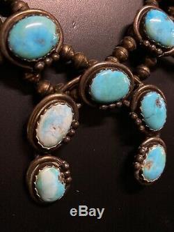Vintage Navajo Squash Blossom Necklace Sterling Silver & Turquoise 3.2oz