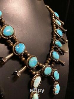 Vintage Navajo Squash Blossom Necklace Sterling Silver & Turquoise 3.2oz