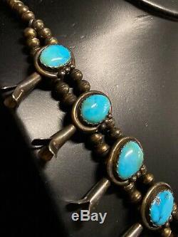Vintage Navajo Squash Blossom Necklace Sterling Silver & Turquoise 3.2oz