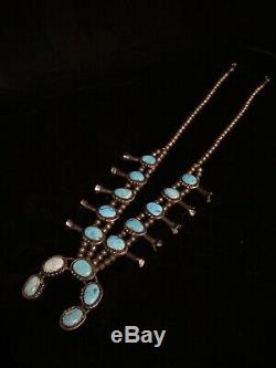 Vintage Navajo Squash Blossom Necklace Sterling Silver & Turquoise 3.2oz