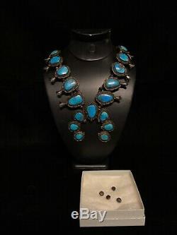 Vintage Navajo Squash Blossom Necklace Sterling Silver & Turquoise Signed 6.9oz