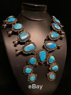 Vintage Navajo Squash Blossom Necklace Sterling Silver & Turquoise Signed 6.9oz