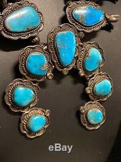 Vintage Navajo Squash Blossom Necklace Sterling Silver & Turquoise Signed 6.9oz