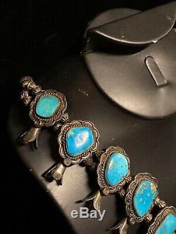 Vintage Navajo Squash Blossom Necklace Sterling Silver & Turquoise Signed 6.9oz