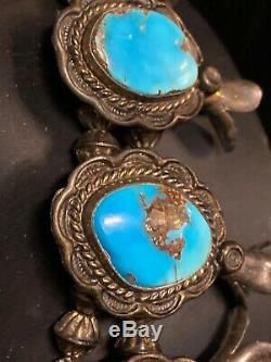 Vintage Navajo Squash Blossom Necklace Sterling Silver & Turquoise Signed 6.9oz