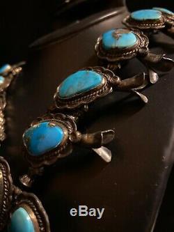 Vintage Navajo Squash Blossom Necklace Sterling Silver & Turquoise Signed 6.9oz