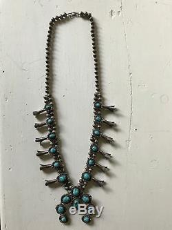 Vintage Navajo Squash Blossom Necklace Turquoise Sterling Silver 27