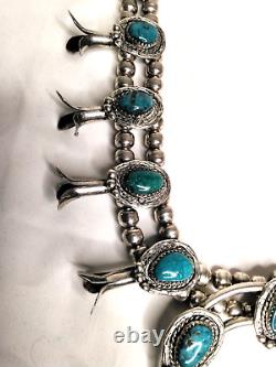Vintage Navajo Squash Blossom Necklace Turquoise Stones Nuggets #J1449