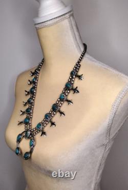 Vintage Navajo Squash Blossom Necklace Turquoise Stones Nuggets #J1449