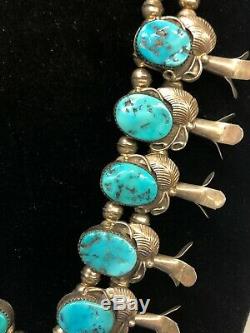 Vintage Navajo Squash Blossom Sterling Silver Necklace, High Quality Turquoise