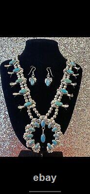 Vintage Navajo Squash Blossom Turquoise Necklace and Earrings 3+Troy Oz Silver
