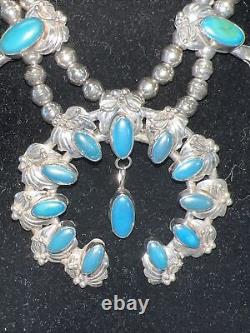 Vintage Navajo Squash Blossom Turquoise Necklace and Earrings 3+Troy Oz Silver