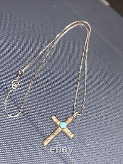 Vintage Navajo Stamped Sterling Silver Turquoise Cross Pendant HT