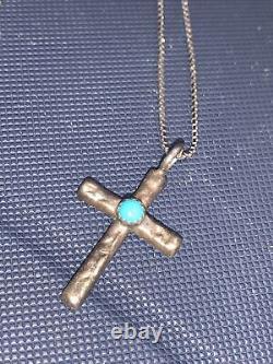 Vintage Navajo Stamped Sterling Silver Turquoise Cross Pendant HT