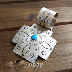 Vintage Navajo Stamped Sterling Silver Turquoise Large Square Cross Pendant