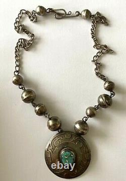 Vintage Navajo Sterling 925 Turquoise Pendant Bead Necklace Choker By Designer