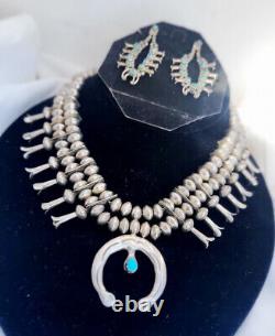 Vintage Navajo Sterling And Turquoise Womens Squashblossom Necklace