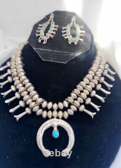 Vintage Navajo Sterling And Turquoise Womens Squashblossom Necklace