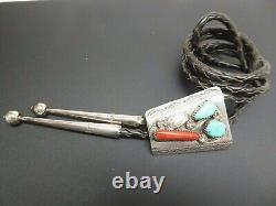 Vintage Navajo Sterling Blue Turquoise Red Coral Feather Leather Bolo Tie